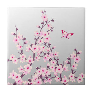 Azulejo De Cerâmica Flor de Cerejeira Butterfly Rosa Cinza