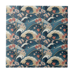 Azulejo De Cerâmica Flor de Cerejeira Japonesa & Ondas Padrão Floral A