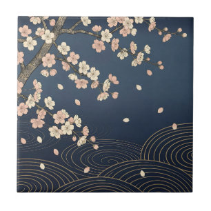 Azulejo De Cerâmica Flor de Cerejeira Japonesa Padrão de Onda Dourada 