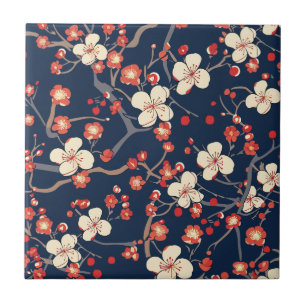 Azulejo De Cerâmica Flor de Cerejeira Vermelha Naval Japonesa