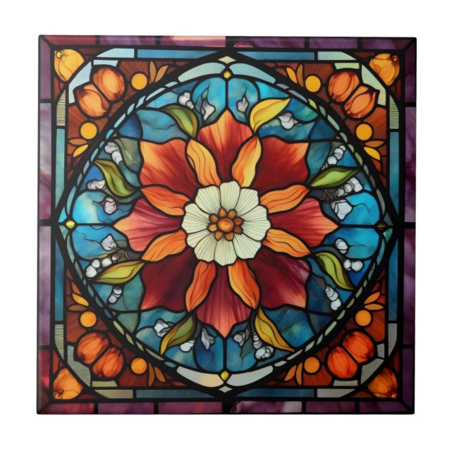 Azulejo De Cerâmica Flor de Cor de Vidro Manchado (Frente)