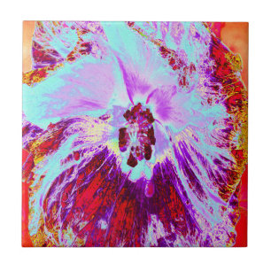 Azulejo De Cerâmica Flor de Hibisco Abstrata Tropical Aquamarinha e Ro