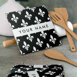 Azulejo De Cerâmica Flor de Lis, Branco sobre Preto, Branco, Seu Nome