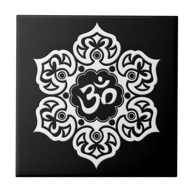 Azulejo De Cerâmica Flor de Lotus branco OM no preto (Frente)