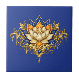 Azulejo De Cerâmica Flor de lótus cobalto azul ouro floral parede indi
