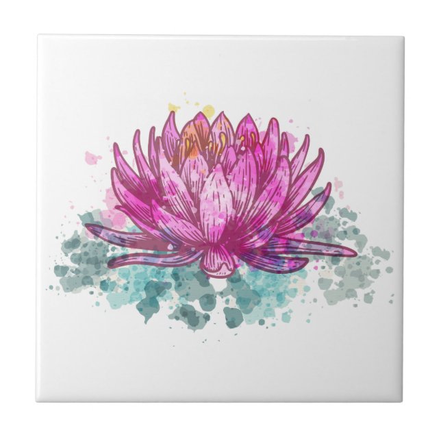 Azulejo De Cerâmica Flor de Lotus com Aquarela Rosa (Frente)