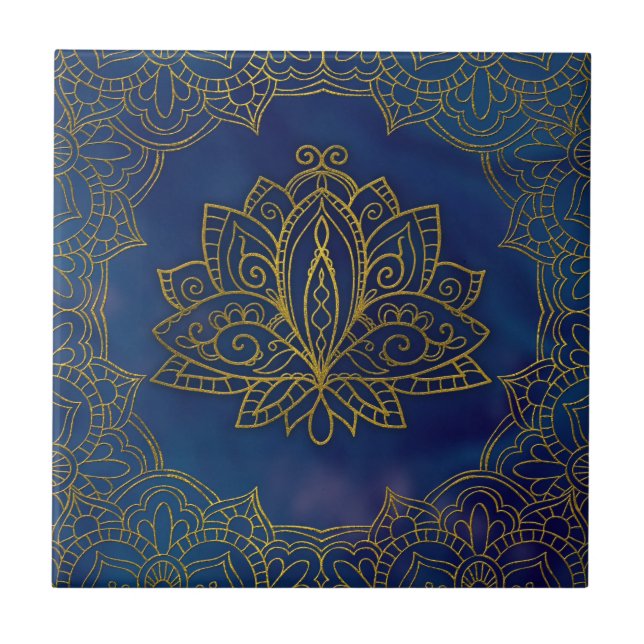 Azulejo De Cerâmica Flor de Lotus Dourado elegante no azul (Frente)