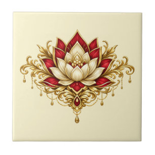 Azulejo De Cerâmica Flor de lótus marrom dourado floral indiano parede