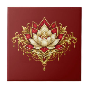 Azulejo De Cerâmica Flor de lótus mural floral marrom dourado burgundy