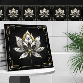 Azulejo De Cerâmica Flor de Lotus - Preto, Pérola e Dourado