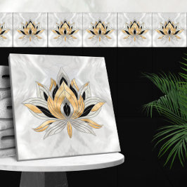 Azulejo De Cerâmica Flor de Lotus - Preto, Pérola e Dourado