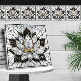 Azulejo De Cerâmica Flor de Lotus - Preto, Pérola e Dourado