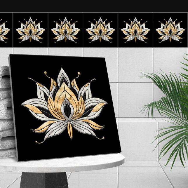 Azulejo De Cerâmica Flor de Lotus - Preto, Pérola e Dourado (Criador carregado)