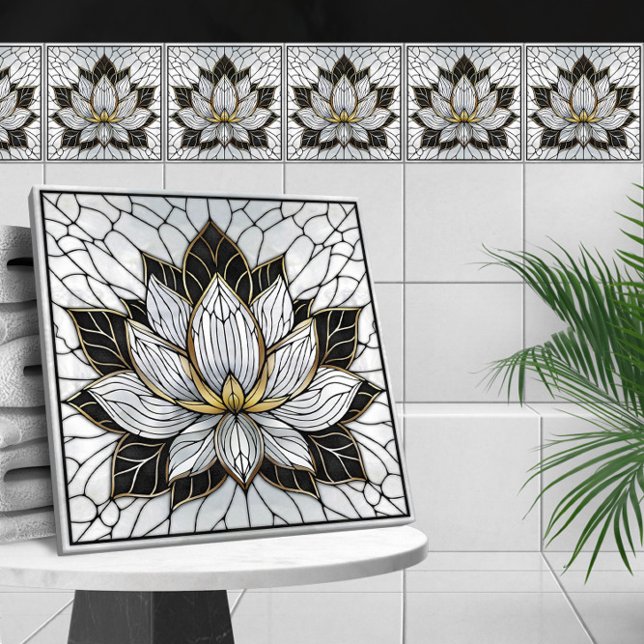 Azulejo De Cerâmica Flor de Lotus - Preto, Pérola e Dourado (Criador carregado)