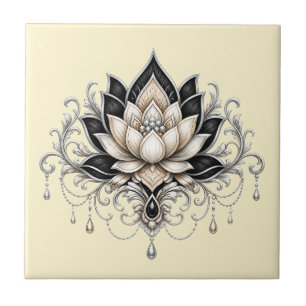 Azulejo De Cerâmica Flor de lótus preto prateado decoração floral indi