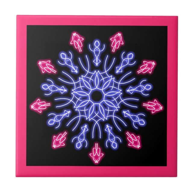 Azulejo De Cerâmica Flor de néon azul e vermelho (Frente)