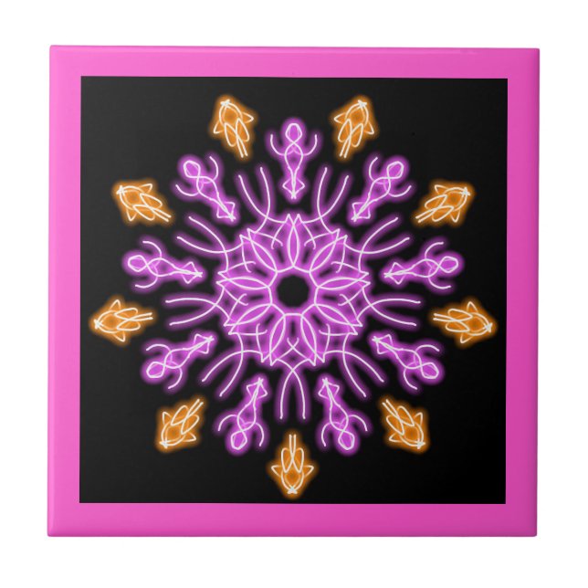 Azulejo De Cerâmica Flor de néon rosa e laranja (Frente)