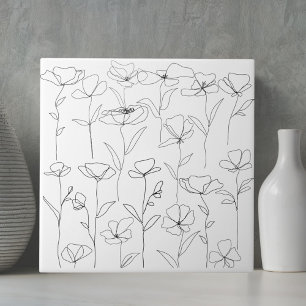 Azulejo De Cerâmica Flor de Papoula Floral Minimalista Preto e Branco