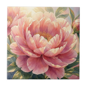 Azulejo De Cerâmica Flor de Peônia Rosa Água-forte Botânica Vintage