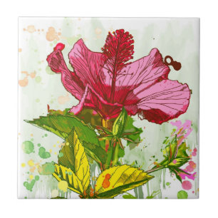 Azulejo De Cerâmica Flor do hibiscus - pintura da aguarela