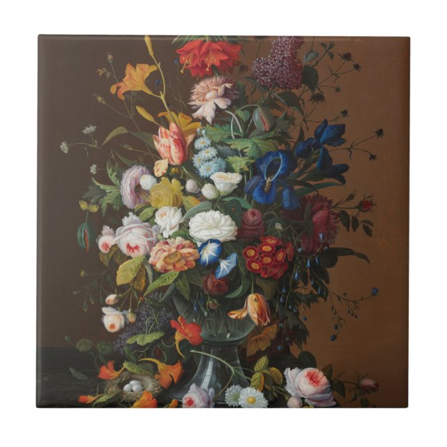 Azulejo De Cerâmica Flor e vida com o ninho de Bird Severin Roesen (Frente)