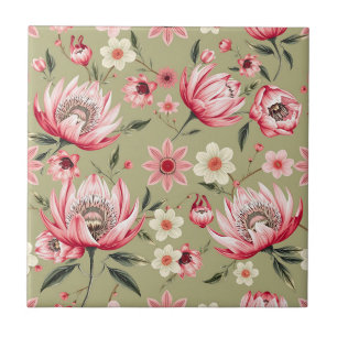 Azulejo De Cerâmica Flor Exótica Protea Botânica Verde Salvia Luxo