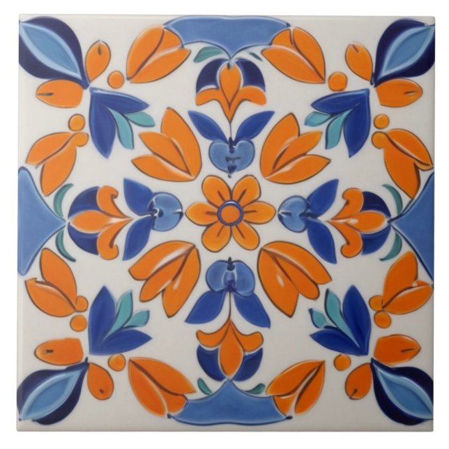 Azulejo De Cerâmica Flor Floral Geométrica Laranja Azul-Vermelho Medit (Frente)