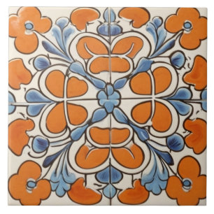 Azulejo De Cerâmica Flor Floral Geométrica Laranja Azul-Vermelho Medit