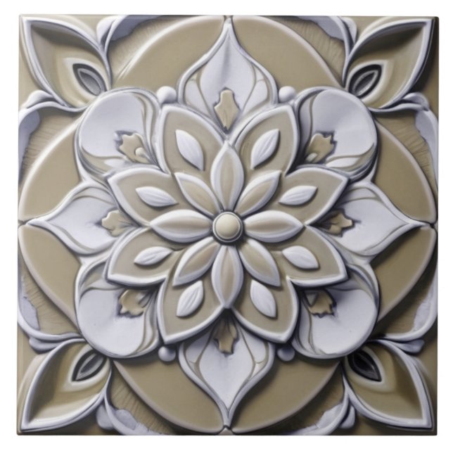 Azulejo De Cerâmica Flor Floral Simétrica do Alivio Faux Beige (Frente)