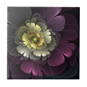 Azulejo De Cerâmica Flor Fractal Abstrata Moderna Purpur Khaki Cinza