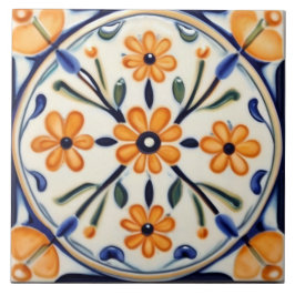 Azulejo De Cerâmica Flor Laranja Foloral Círculo Azul