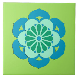 Azulejo De Cerâmica Flor Lotus Mandala, Verde limão e Azul Claro