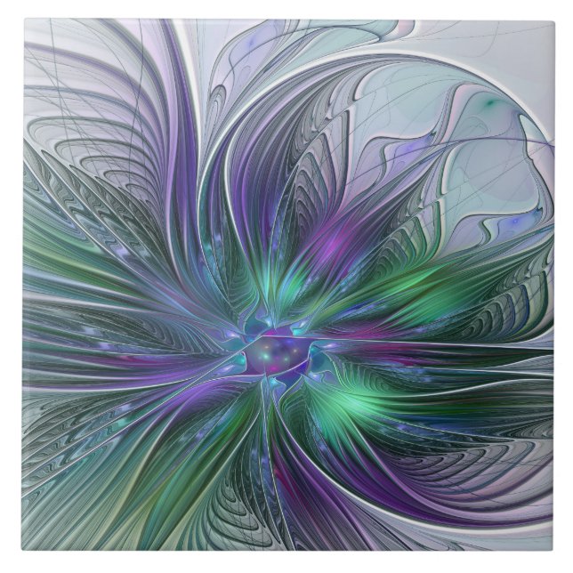 Azulejo De Cerâmica Flor Moderna Abstrata Fractal Roxa Verde (Frente)