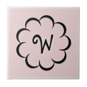 Azulejo De Cerâmica Flor Preta Monogramada em Rosa Pó Leve