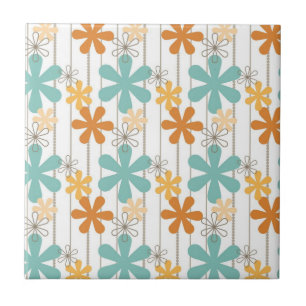 Azulejo De Cerâmica Flor Retro-Floral Laranja Azul Flores