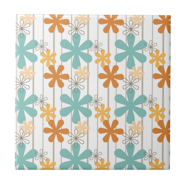 Azulejo De Cerâmica Flor Retro-Floral Laranja Azul Flores (Frente)
