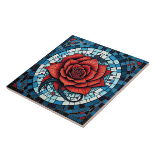 Azulejo De Cerâmica Flor Rosa do Mosaico Branco Vermelho Azul