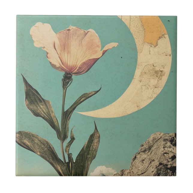 Azulejo De Cerâmica Flor rosa e Lua Crescente (Frente)
