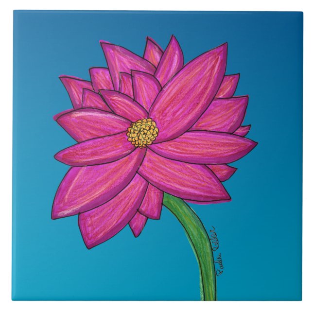 Azulejo De Cerâmica Flor Rosa Fúcsia com fundo azul (Frente)