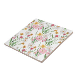 Azulejo De Cerâmica Flor Selvagem de Aquarela Rosa Verde