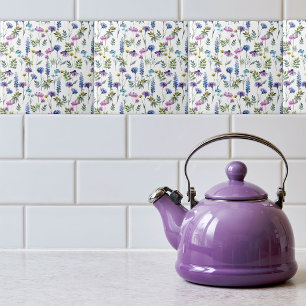 Azulejo De Cerâmica Flor Silvestre Aquarela Azul Roxo
