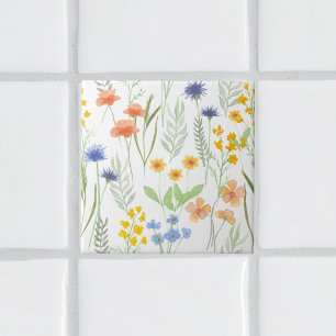 Azulejo De Cerâmica Flor Silvestre Aquarela Laranja Amarelo Azul