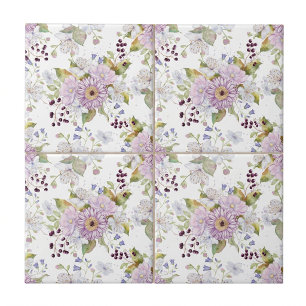 Azulejo De Cerâmica Flor Silvestre de Aquarela Rosa Branco Roxo