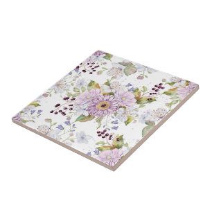 Azulejo De Cerâmica Flor Silvestre de Aquarela Rosa Branco Roxo
