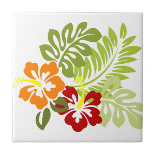 Azulejo De Cerâmica Flor Tropical Deixa Hibiscus Hawaii Vermelho Laran