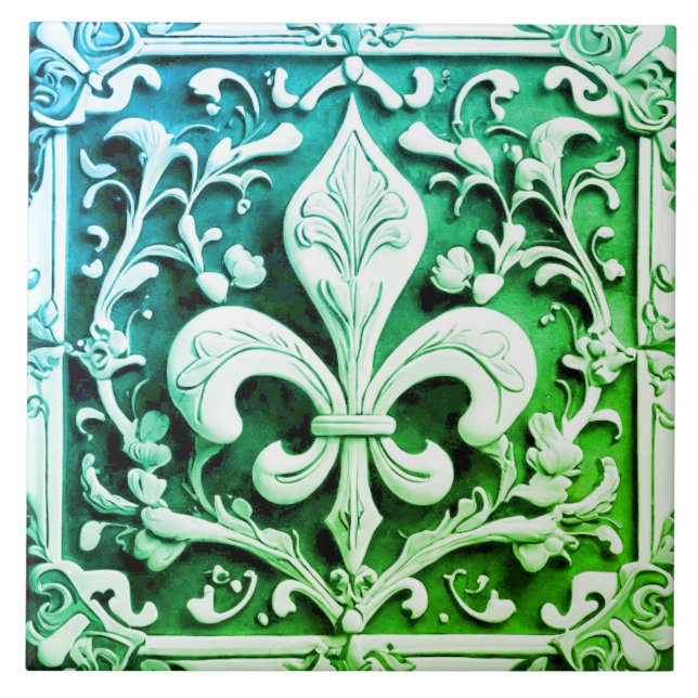 Azulejo De Cerâmica Flor Verde Azul de Lis (Frente)