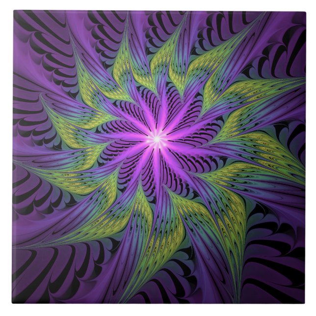 Azulejo De Cerâmica Flor Verde Roxo, Abstrato, Arte Fractal (Frente)