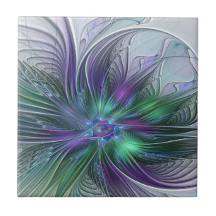 Azulejo De Cerâmica Flor Verde Roxo Moderna Abstrato de Arte Fractal