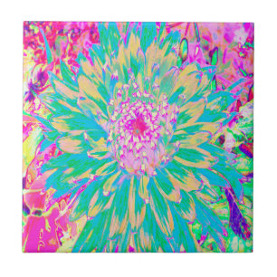 Azulejo De Cerâmica Flor Verde-Teal-Quente e Dália Rosa-Quente