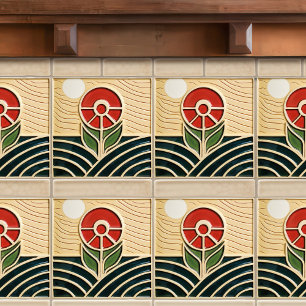 Azulejo De Cerâmica Flor Vermelha Simetria Meados do Século Artes e Of